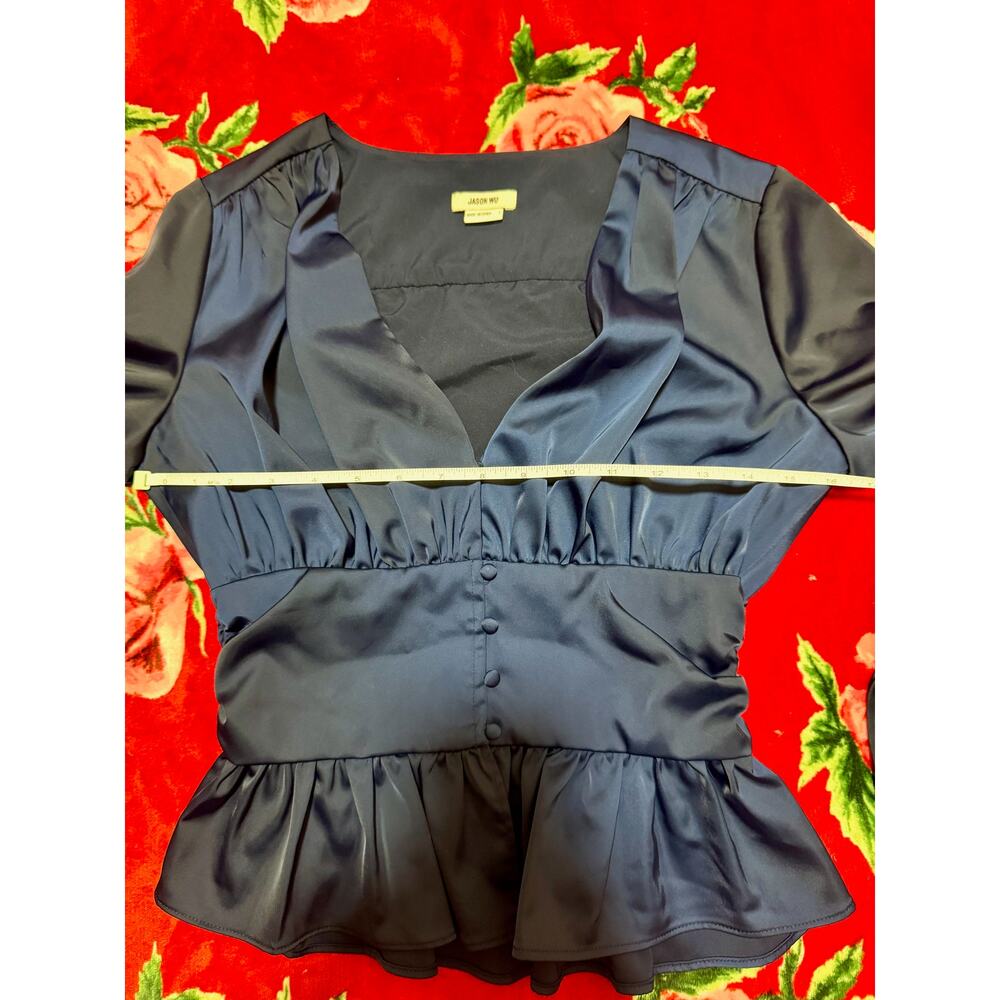 Jason Wu Satin Babydoll Peplum Blouse Small Navy Plunge Holiday Coquette Peasant - Picture 7 of 15